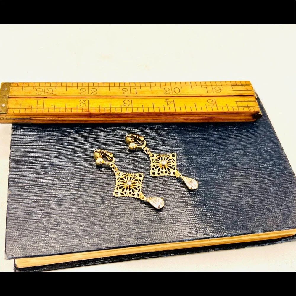 Vintage gold filigree clip on dangles simple drops rhinestones